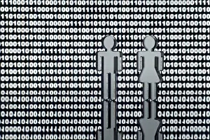 Symbolic Picture Representation Impressions: Two figures in front of binary code