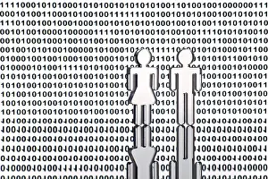 Binary Code Concept Impressions: Two figures in front of binary code