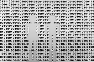 Computer Graphic Representation Impressions: Two figures in front of binary code