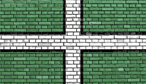 UK State Flag Design Impressions: Flag of Devon painted on brick wall