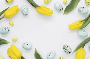Christian Easter Tradition Impressions: Flat lay eggs easter with tulips frame