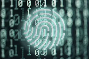 Cyber Crime Protection Impressions: glowing fingerprint symbol against binary code digital background