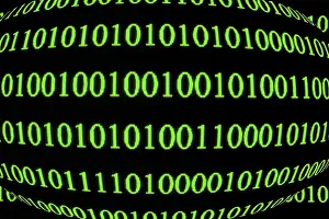 Green Binary Code Impressions: Green binary code on a black background in spherical form