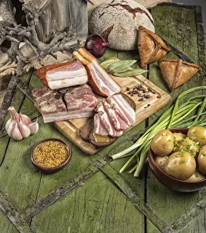 Diverse Food Photography Impressions: Ham and different vegetables on a studio background