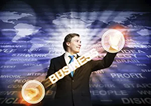 Handsome Businessman Suit Impressions: Handsome businessman in suit using virtual interface of computer application