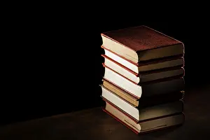 Office Work Desk Setup Impressions: High angle books stack with copy space