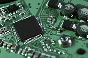 Electronic Component Detail Impressions: Integrated circuit with a processor chip on computer mainboard