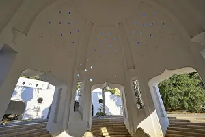Kallithea Thermal Baths Impressions: Interior of a dome-shaped structure with blue light patterns and step-like elements
