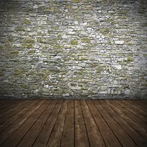 Digitally Generated Image Impressions: Empty interior with stone wall, 3D render