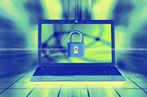 Online Data Safety Impressions: A laptop screen displays a padlock with binary code