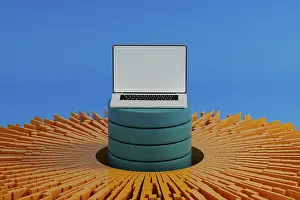 Computer Software Development Impressions: A laptop stands surrounded by vibrant data elements