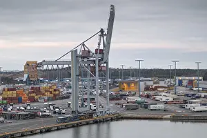 Uninhabited Harbour Impressions: Loading crane, port facility, container loading