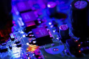 Macro Close Up Impressions: Macro Close up of components and microchips on PC circuit board
