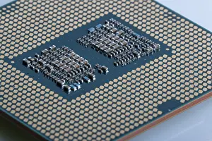 Digital Communication Technology Impressions: Macro image of the microchips of a modern processor
