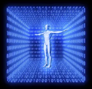 Computer Graphic Image Impressions: Man in a futuristic room made from binary code