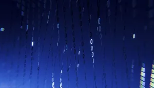 Futuristic Design Concept Impressions: A 3D rendered illustration of binary code floating across a gradient blue background