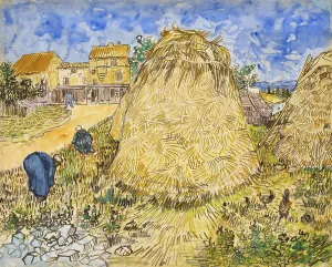 Impressions de Meules de blé (1888), meule de blé ou gerbe, une célèbre aquarelle de Vincent van Gogh de 1888, représentant un paysage récolte en Provence Peintures De Paysages Impressions: Meules de blé (1888), meule de froment ou fumier.