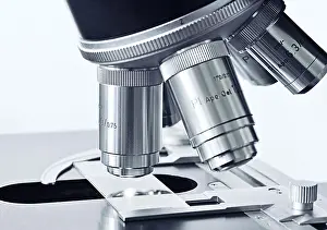 Laboratory Equipment Detail Impressions: Microscope, close up of objective lenses