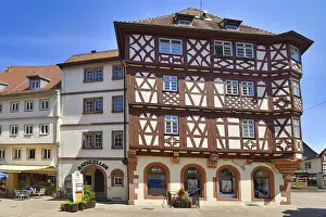 Timber Framed House Architecture Impressions: Mosbach, Germany, June 2021: Historic town center with timber-framed houses called 'Palmsche Haus' Mosbach