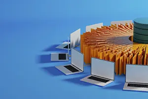 Modern Workspace Design Impressions: Multiple laptops surround a central data hub