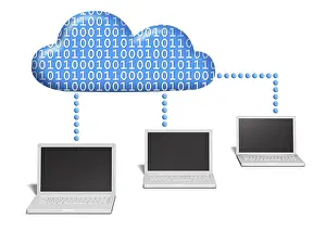 Cloud Computing Concept Impressions: Three notebooks connected to a cloud which is filled with binary code