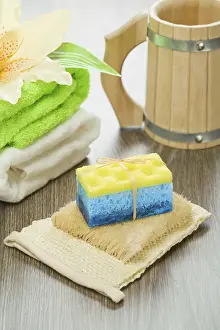 Deserted Bathroom Setup Impressions: Objects for bathing on wooden background