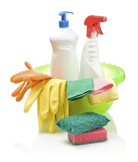 Household Cleaning Items Impressions: Objects for cleaning in basin