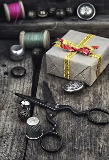 Embroidery Supplies Impressions: Old scissors, spools of thread