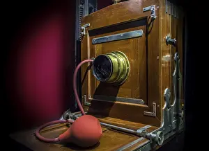 Studio Photography Equipment Impressions: The old studio camera for using plates standing on a forked camera stand