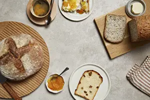 Breakfast Table Setting Impressions: Overhead view of a breakfast setting featuring rustic bread