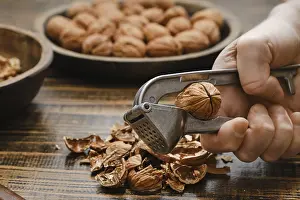 Metal Nutcracker Impressions: A person is cracking open a walnut using a metal nutcracker