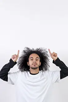White Background Isolated Image Impressions: Pointing above a copy paste space