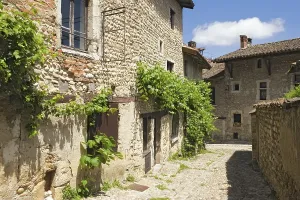 Uninhabited Medieval Fortress Impressions: Cobblestone street, medieval walled town of Perouges