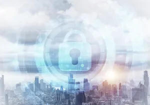Modern Cityscape Architecture Impressions: Cryptography and encryption algorithm concept