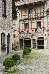 Fortified Medieval Architecture Impressions: Place de la Halle square, medieval walled town of Perouges