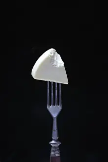 Processed Cheese Impressions: Processed cheese on fork, bitten into