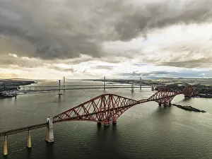 Forth Bridge Drone View Impressions: Rain clouds over Forth Bridge from a drone