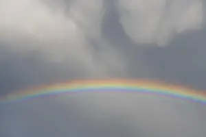 Multicolored Cloudy Skies Impressions: Rainbow appears in rain clouds in spring