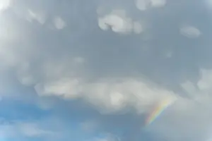Multicolored Cloudy Skies Impressions: Rainbow appears in rain clouds in spring