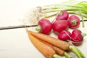 Vegan Nutrition Food Impressions: Raw root vegetable on a rustic white wood table