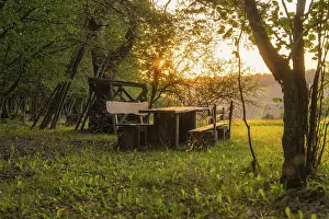 German Countryside Landscape Photography Impressions: Rustic bench and table in the forest at sunset