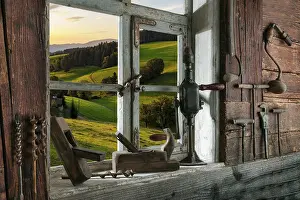 Black Forest Landscape Photography Impressions: Rustic workshop with old tools and view out of the window into the landscape