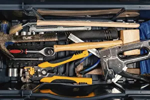 Industrial Workshop Impressions: Set of working tools in tool box