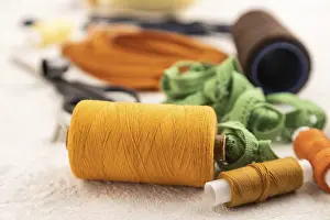 Scissors And Thread Impressions: Sewing accessories: scissors, thread