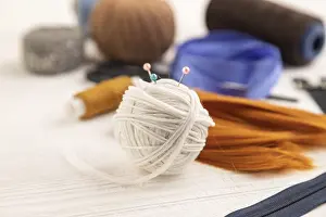 Scissors And Thread Impressions: Sewing accessories: scissors, thread