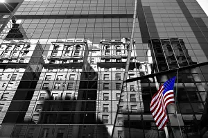 New York City Skyscraper Impressions: Skyscraper Facade with US Flag and Reflection