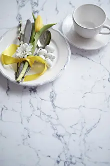 Flat Lay Food Photography Impressions: Spring Easter Table setting at white marble table