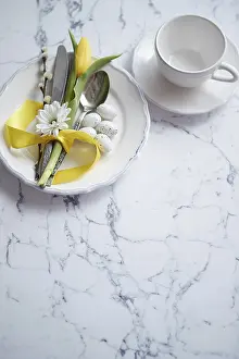 Copy Space For Text Overlay Impressions: Spring Easter Table setting at white marble table