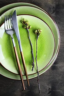Rustic Spring Table Setting Impressions: Spring table setting in rustic style decorated with cherry bloom tree branches