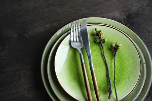 Rustic Spring Table Setting Impressions: Spring table setting in rustic style decorated with cherry bloom tree branches